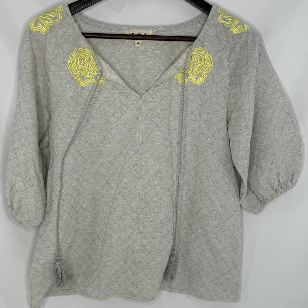 Listicle Embroidered Blouse Small Gray Yellow Balloon Sleeve Peasant Bohemian